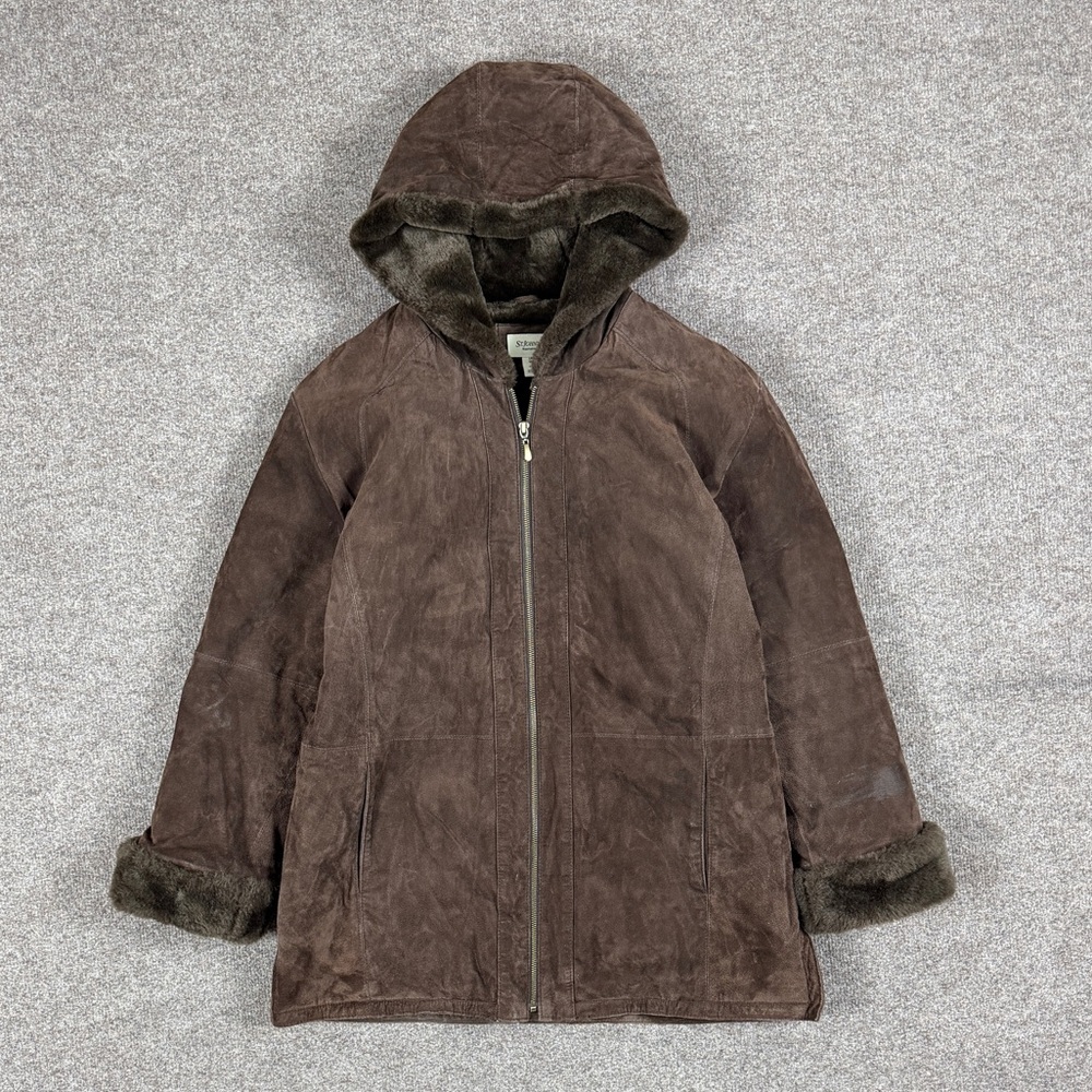 St John’s Bay Brown Washable Suede Leather Zip Jacket Women’s L Hooded Fur Lined
